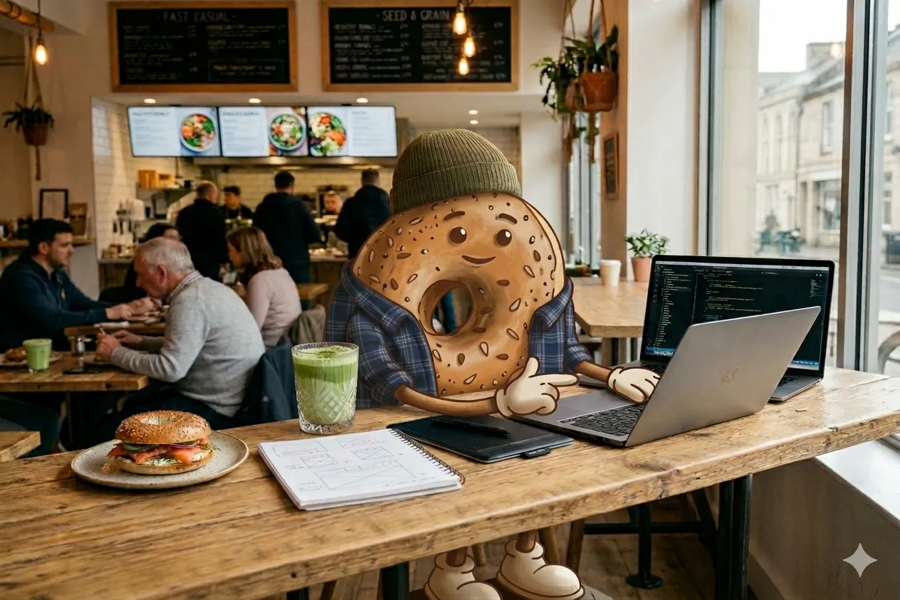 BagelByte mascot working in a cafe
