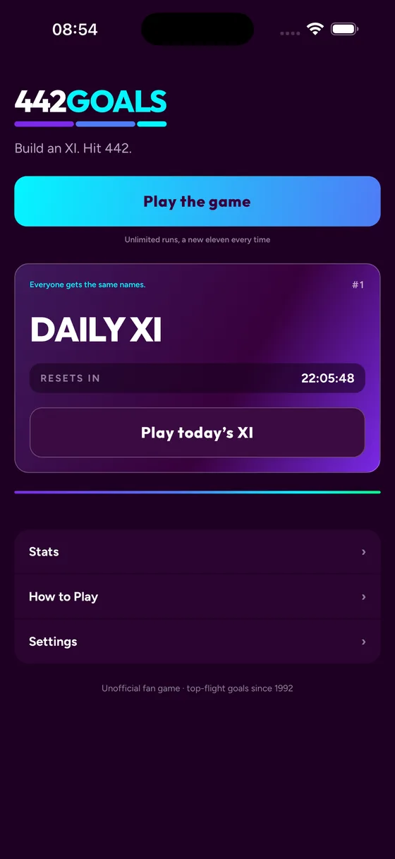 The home screen, showing the Daily XI card with a countdown to the next reset and a button for an endless run.