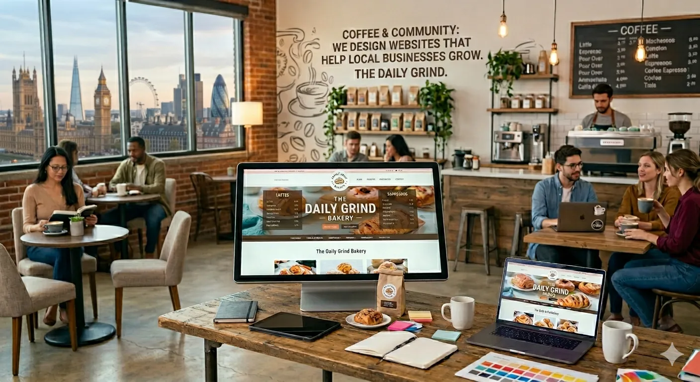 Coffee shop with web design on screen, London skyline in background