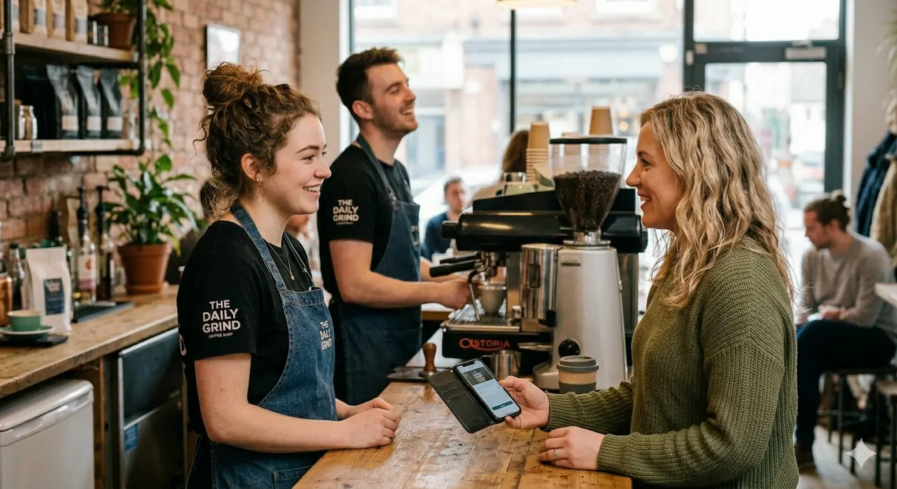 Barista scanning customer loyalty app at coffee shop counter